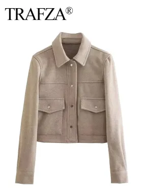 TRAFZA Women’s High Street Button-Up Jacket – Solid Color Long Sleeve Autumn Casual Outerwear with Front Pockets