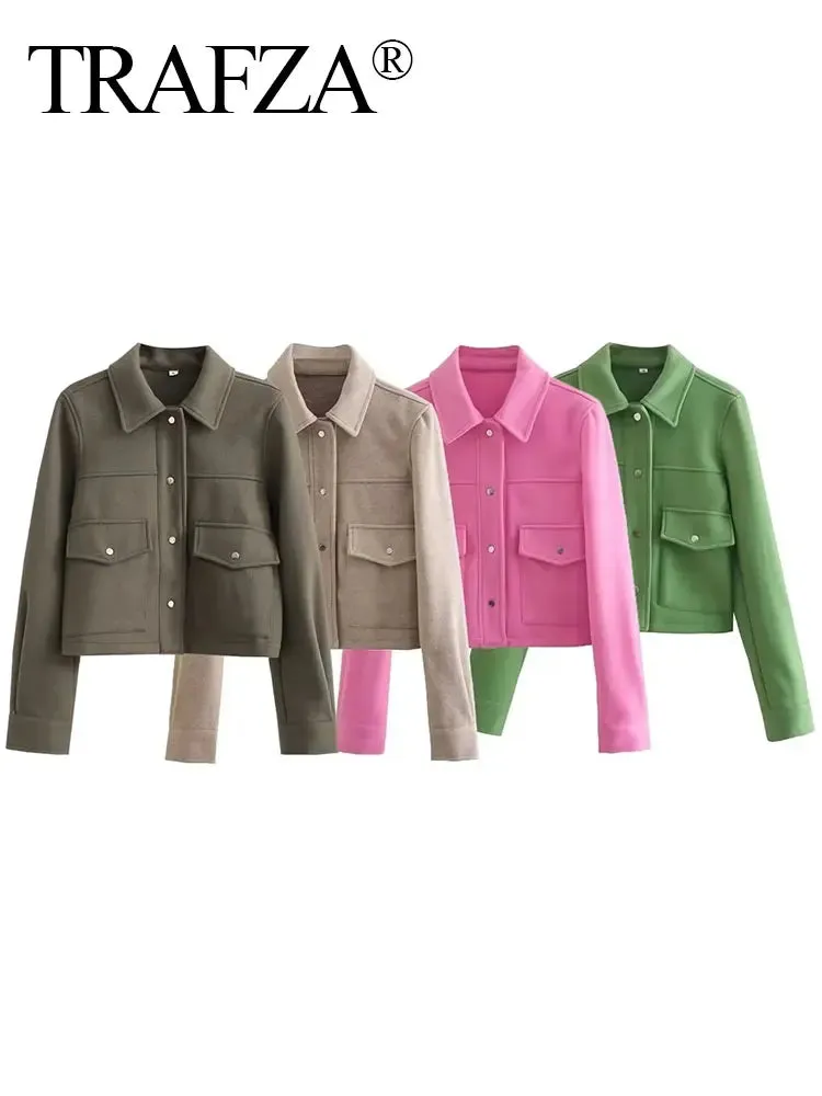 TRAFZA Women’s High Street Button-Up Jacket – Solid Color Long Sleeve Autumn Casual Outerwear with Front Pockets
