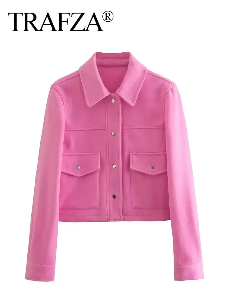 TRAFZA Women’s High Street Button-Up Jacket – Solid Color Long Sleeve Autumn Casual Outerwear with Front Pockets