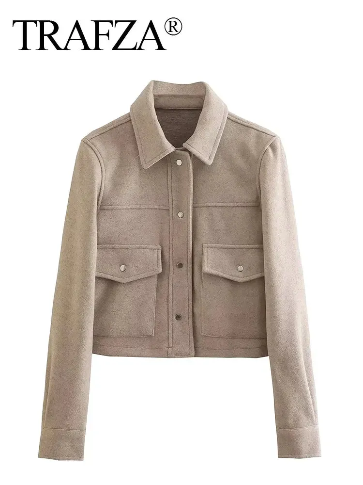 TRAFZA Women’s High Street Button-Up Jacket – Solid Color Long Sleeve Autumn Casual Outerwear with Front Pockets