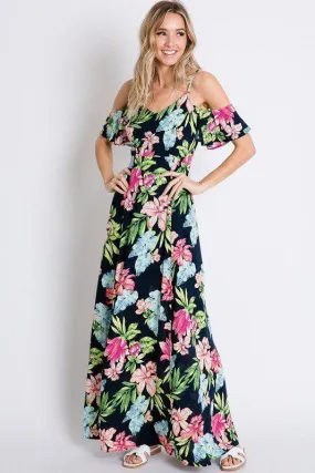 Tropical Floral Botanical Print Cold Shoulder Maxi Dress