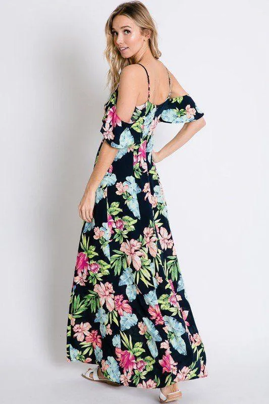 Tropical Floral Botanical Print Cold Shoulder Maxi Dress