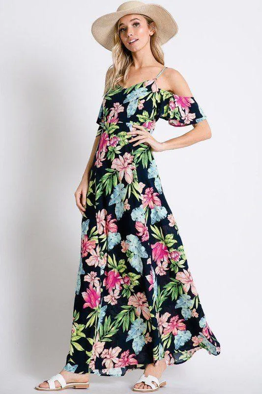 Tropical Floral Botanical Print Cold Shoulder Maxi Dress