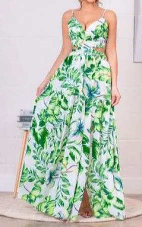 Tropical Print Side Cut-Out Maxi Dress