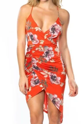 Tropical Ruched Wrap Mini Dress