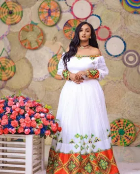 Vibrant Modern Habesha Dress: Off Shoulder Daring Traditional Ethiopian Dress Ideal for Any Occasions Habesha Kemis