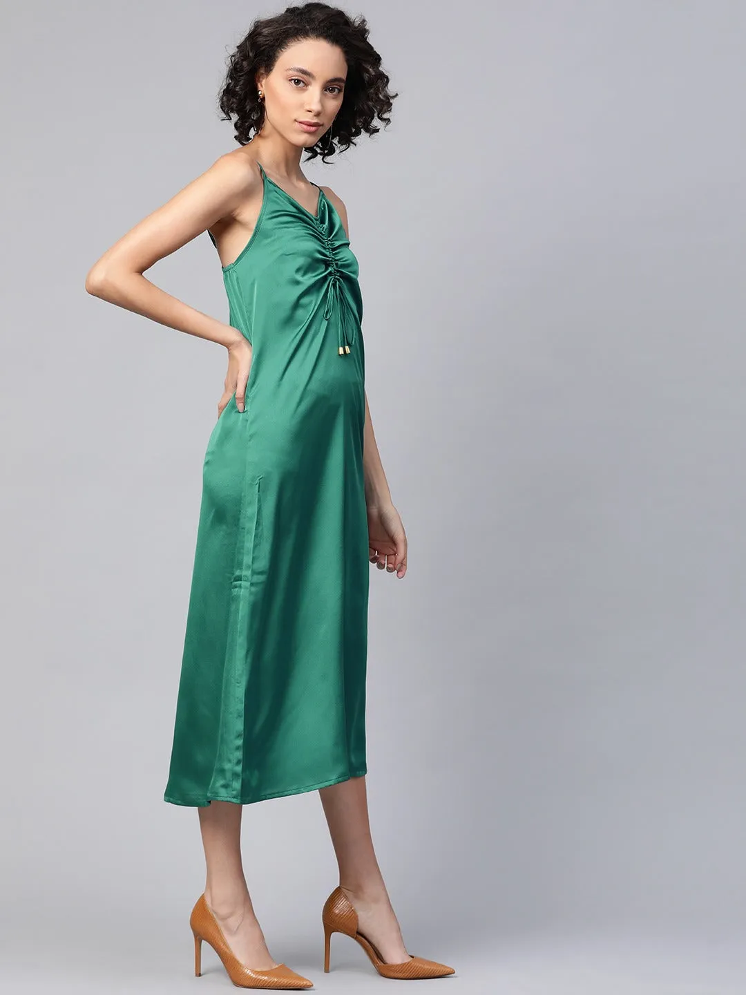 Women Green Front Rouched Slip Dress