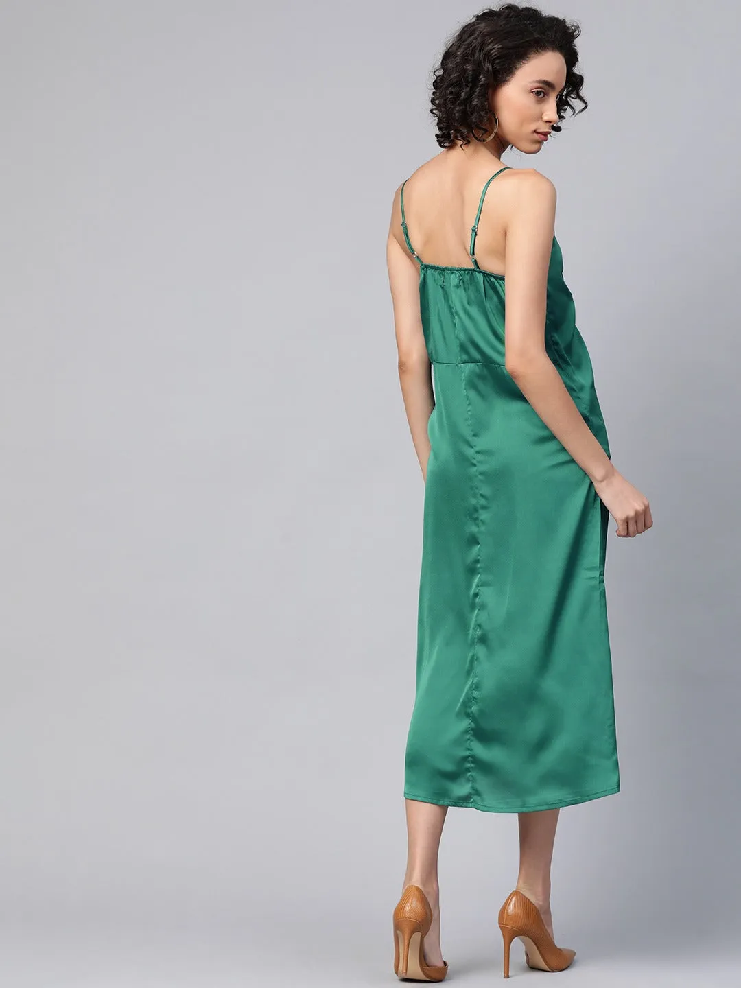 Women Green Front Rouched Slip Dress