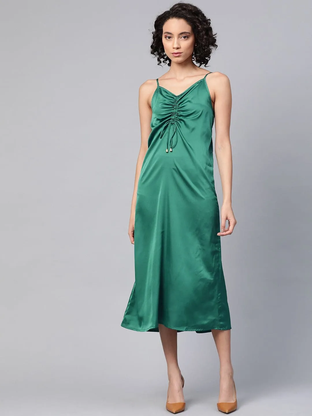 Women Green Front Rouched Slip Dress