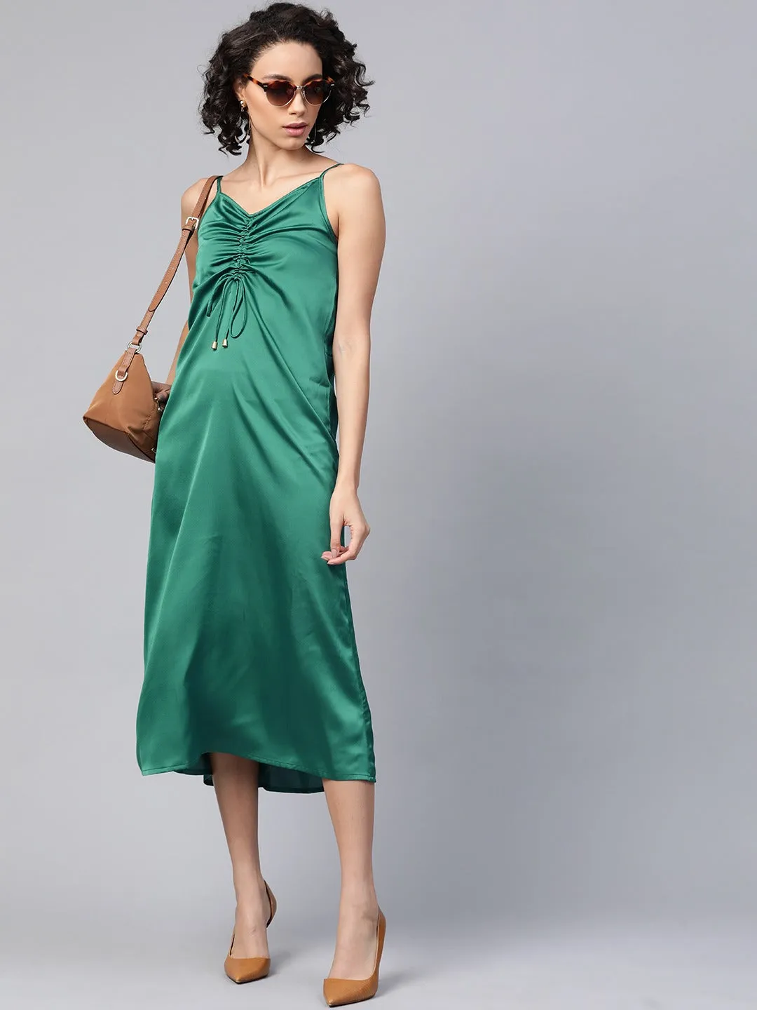 Women Green Front Rouched Slip Dress