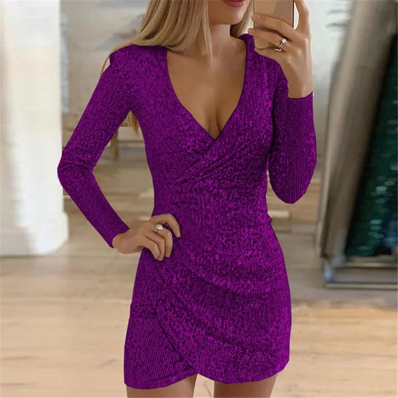 Women party mini sequin v neck fashion wrap dress
