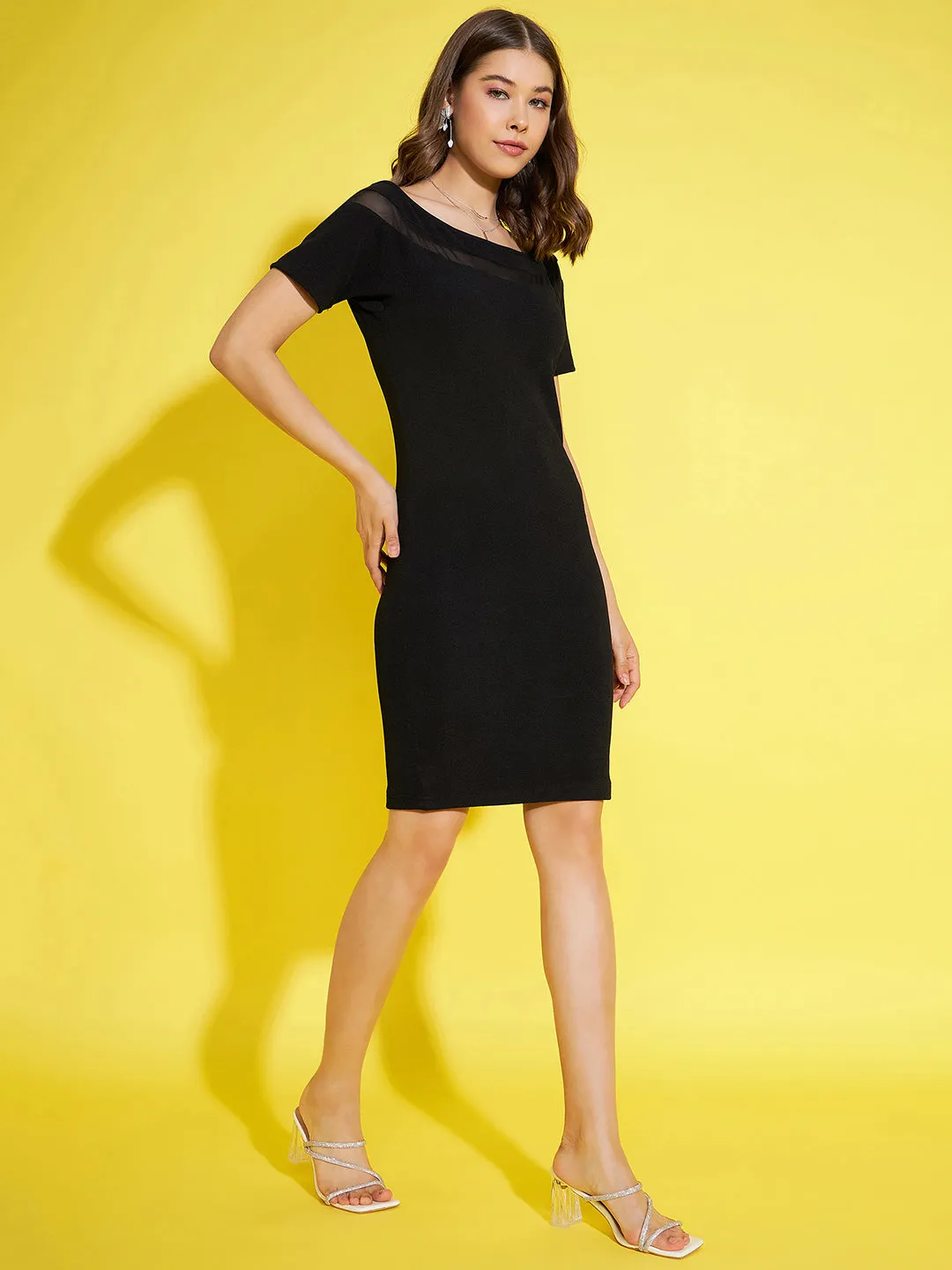 Women's Black Boat Neck Dress With Net Insert - StyleStone