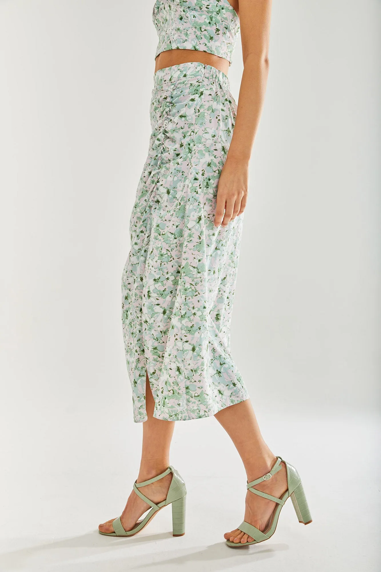 Women's Green Floral Midi Skirt with Front Slit - Perfect for Summer Holidays, Regular Fit - Liquorish