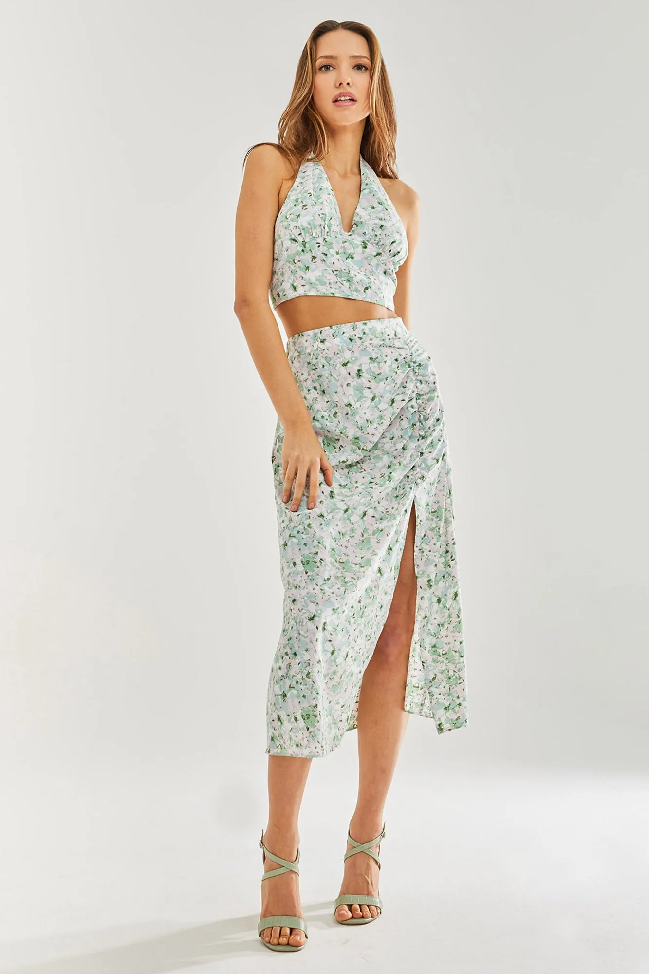 Women's Green Floral Midi Skirt with Front Slit - Perfect for Summer Holidays, Regular Fit - Liquorish