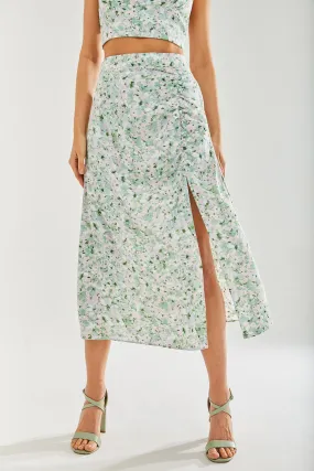 Women's Green Floral Midi Skirt with Front Slit - Perfect for Summer Holidays, Regular Fit - Liquorish