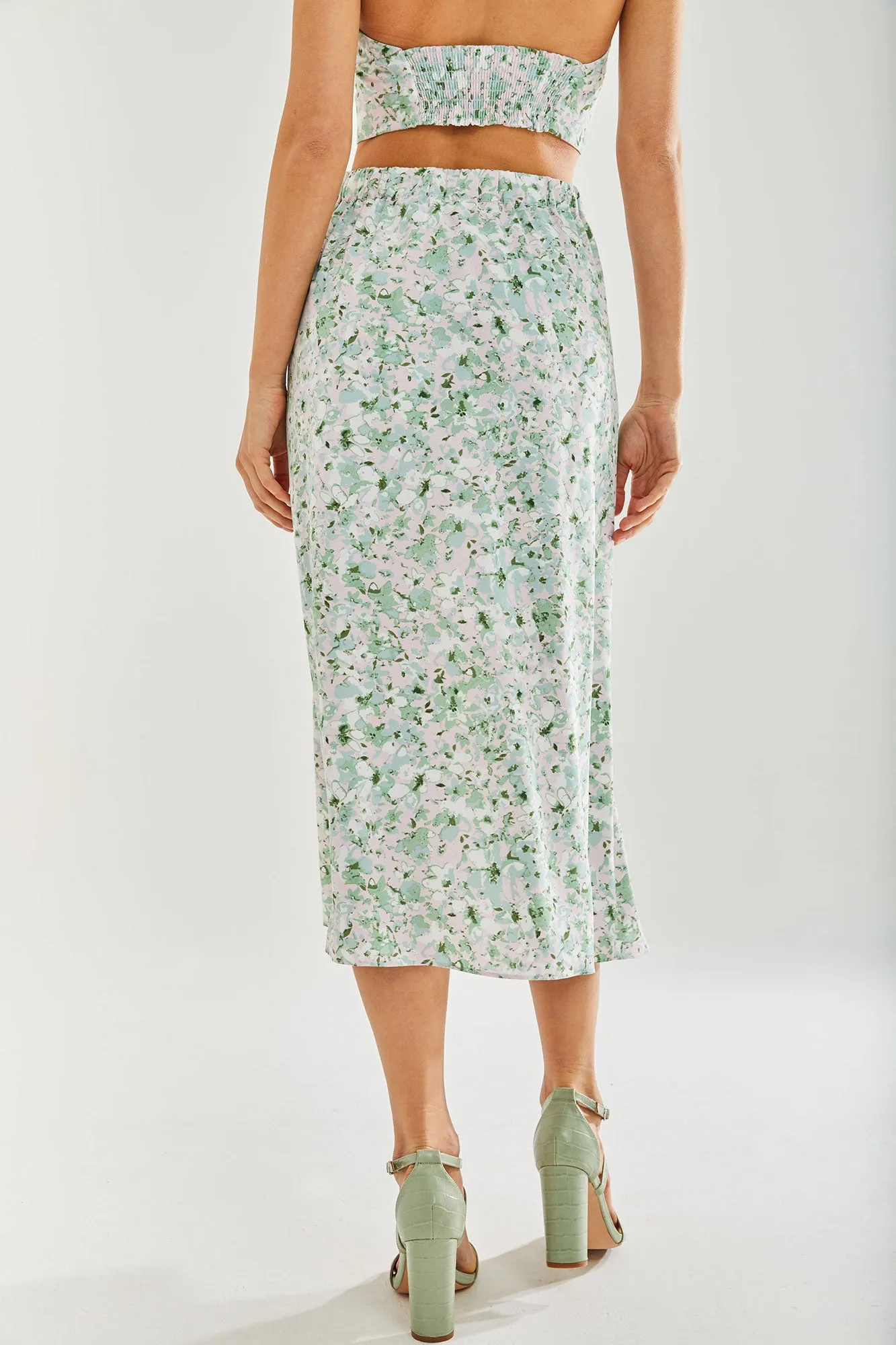 Women's Green Floral Midi Skirt with Front Slit - Perfect for Summer Holidays, Regular Fit - Liquorish