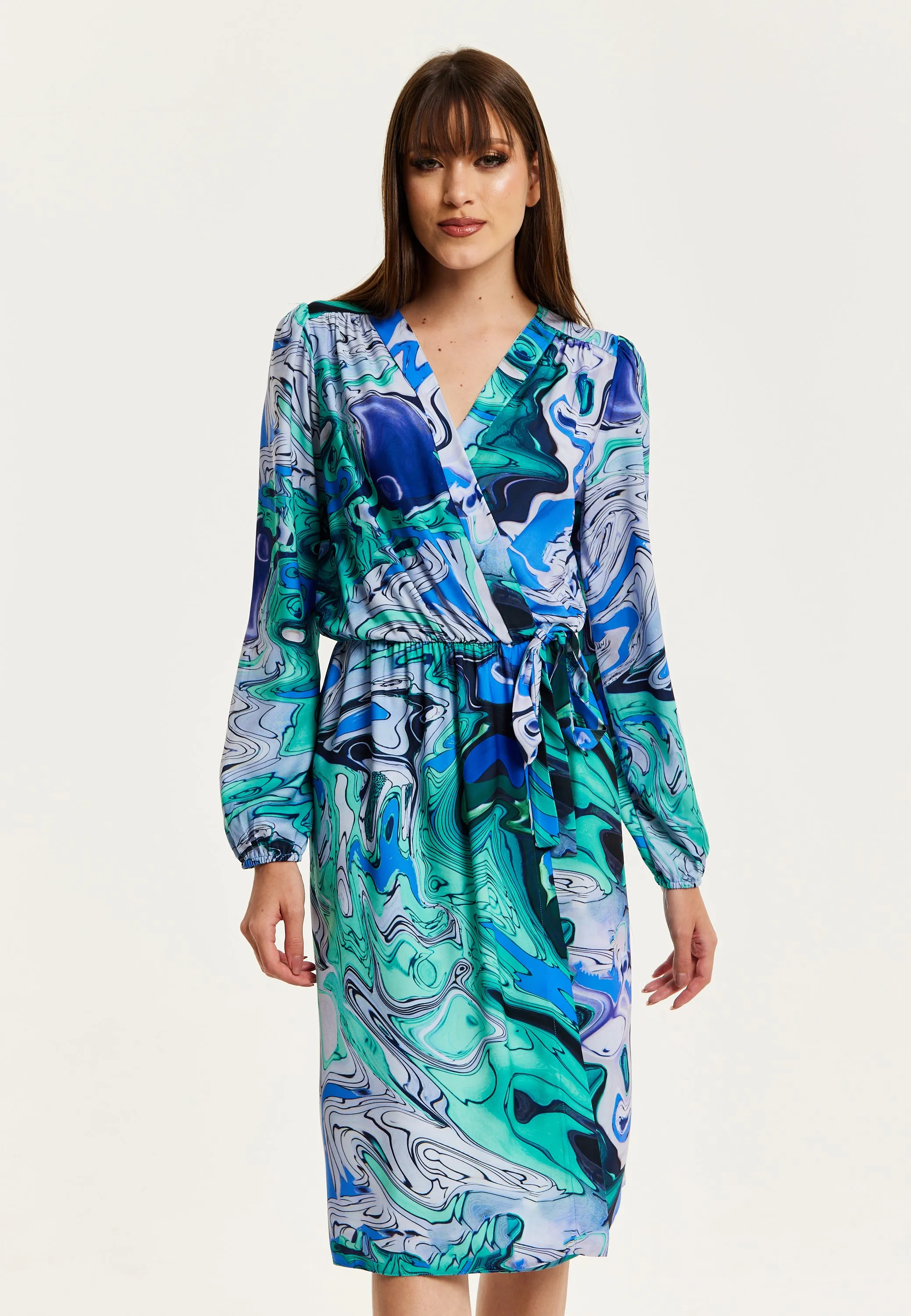 Women's Midi Wrap Dress in Turquoise Marble Print with Long Sleeves - Elegant Design by Liquorish