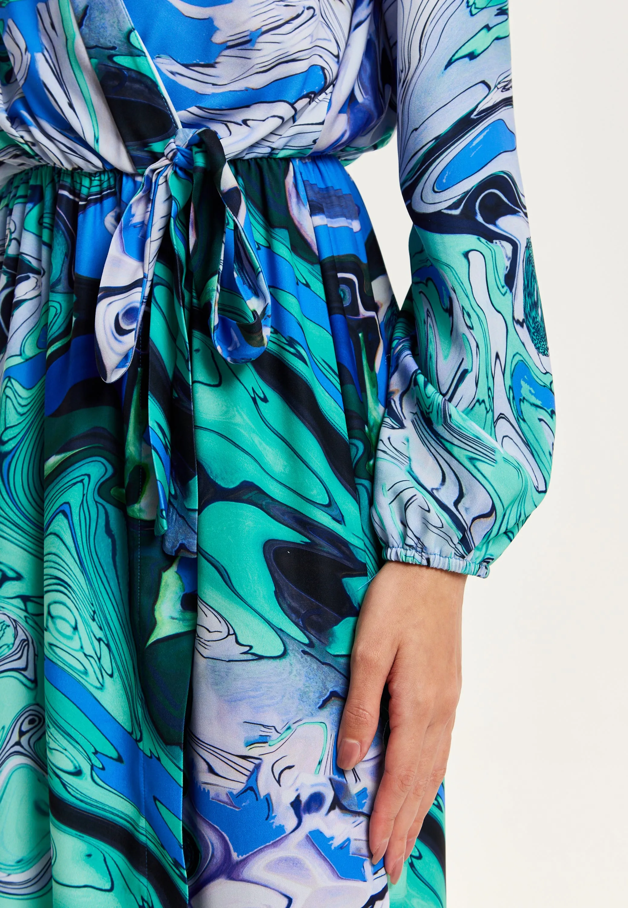 Women's Midi Wrap Dress in Turquoise Marble Print with Long Sleeves - Elegant Design by Liquorish