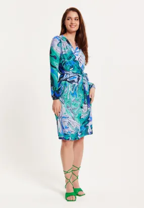 Women's Midi Wrap Dress in Turquoise Marble Print with Long Sleeves - Elegant Design by Liquorish