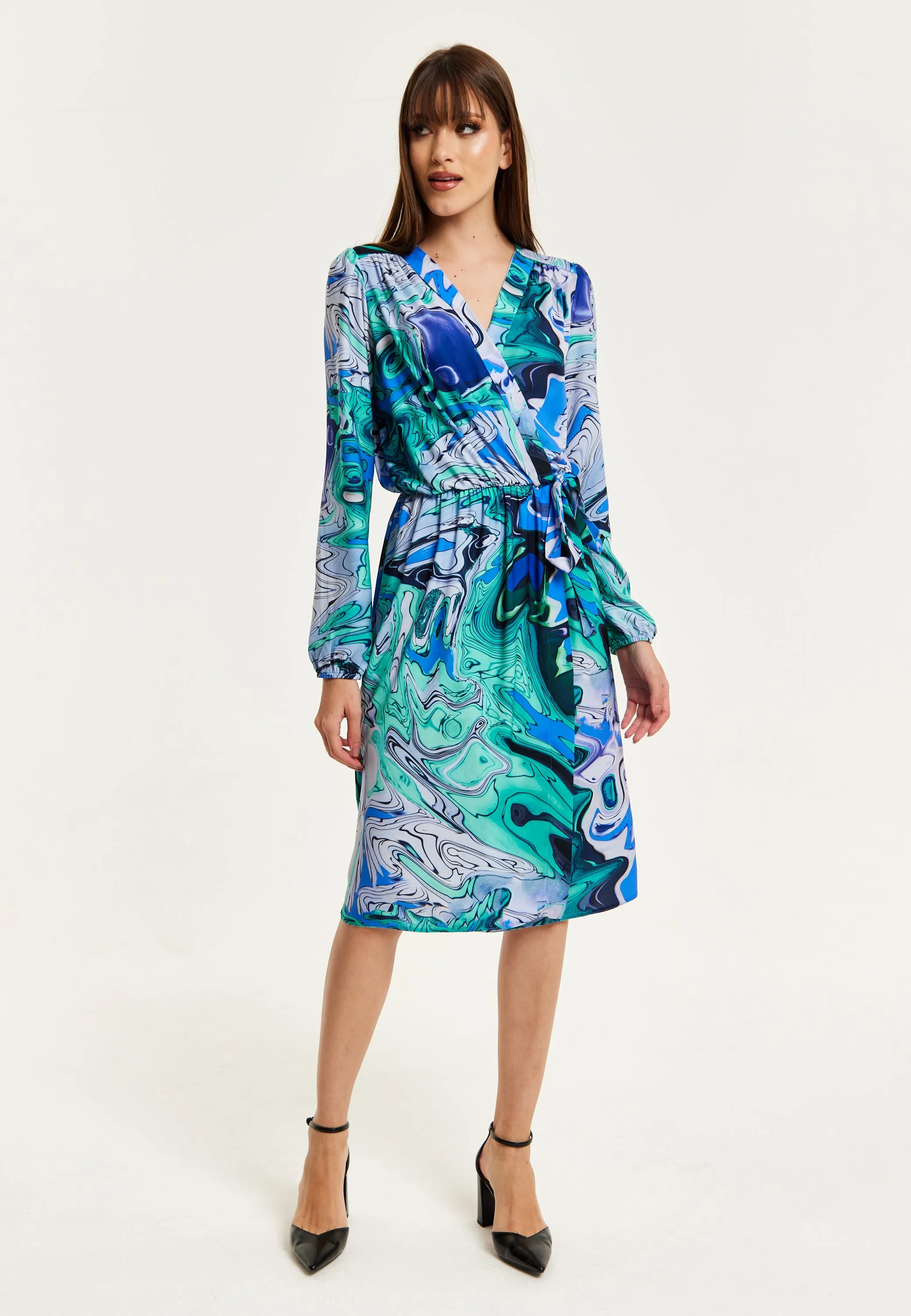 Women's Midi Wrap Dress in Turquoise Marble Print with Long Sleeves - Elegant Design by Liquorish