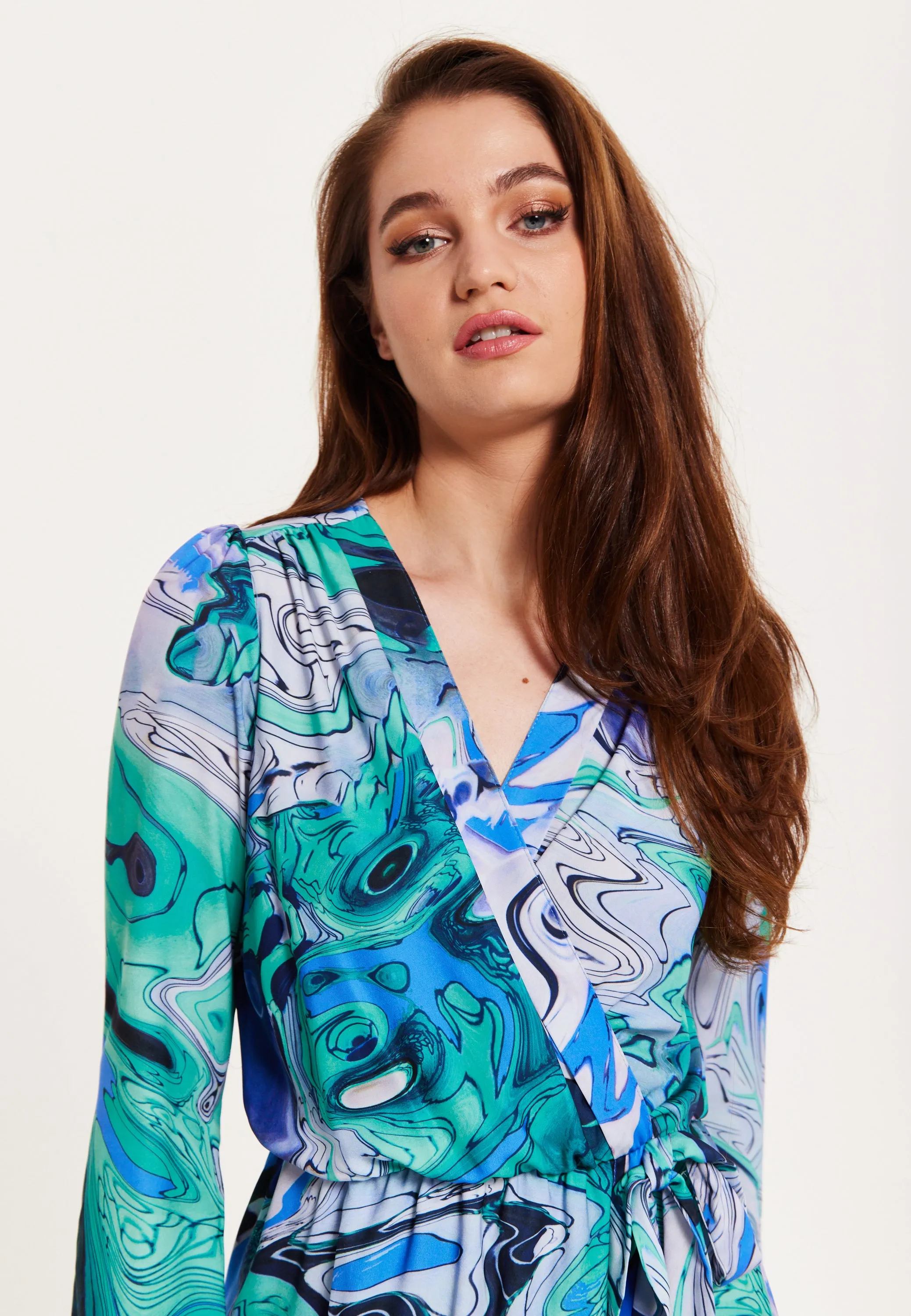 Women's Midi Wrap Dress in Turquoise Marble Print with Long Sleeves - Elegant Design by Liquorish