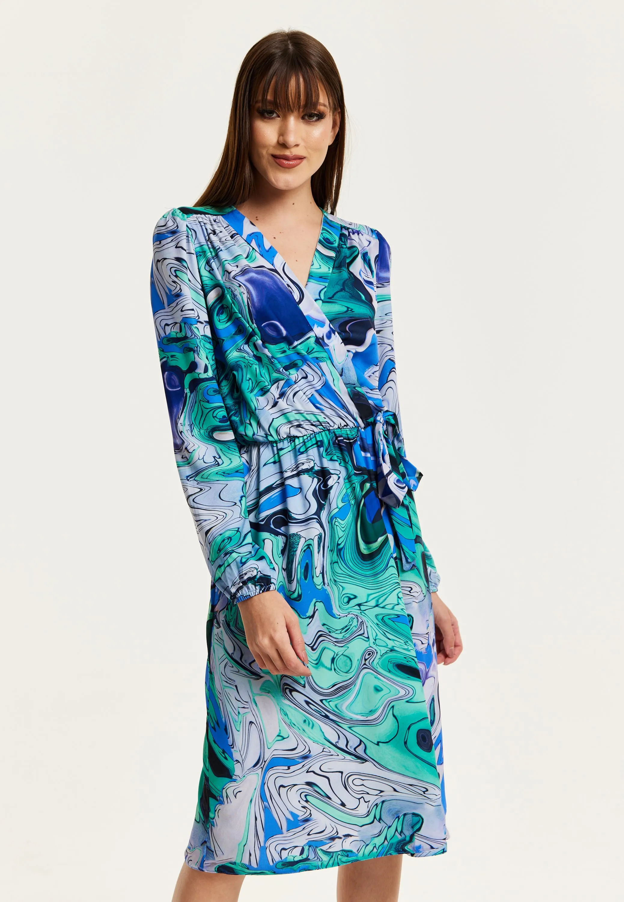 Women's Midi Wrap Dress in Turquoise Marble Print with Long Sleeves - Elegant Design by Liquorish