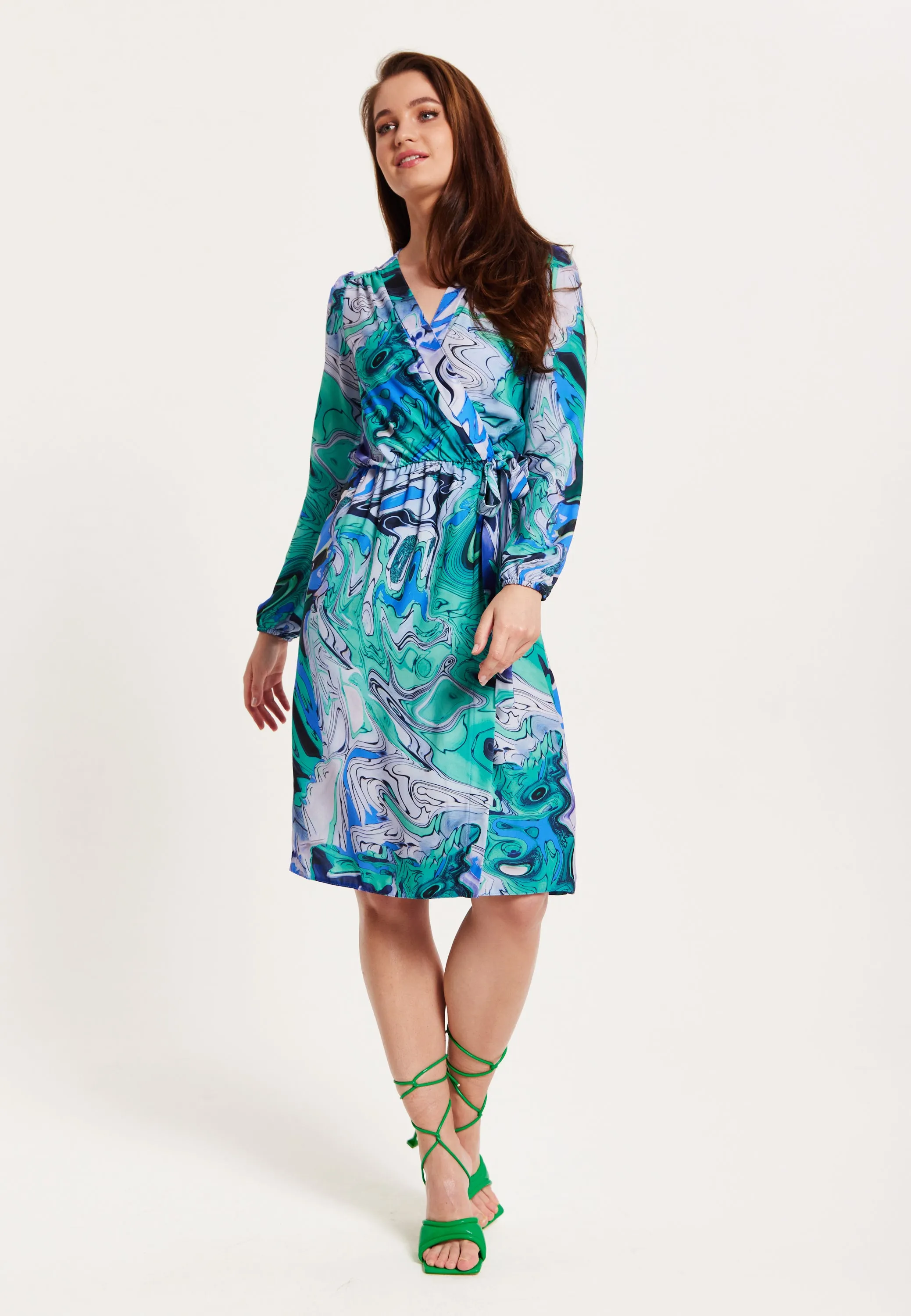 Women's Midi Wrap Dress in Turquoise Marble Print with Long Sleeves - Elegant Design by Liquorish