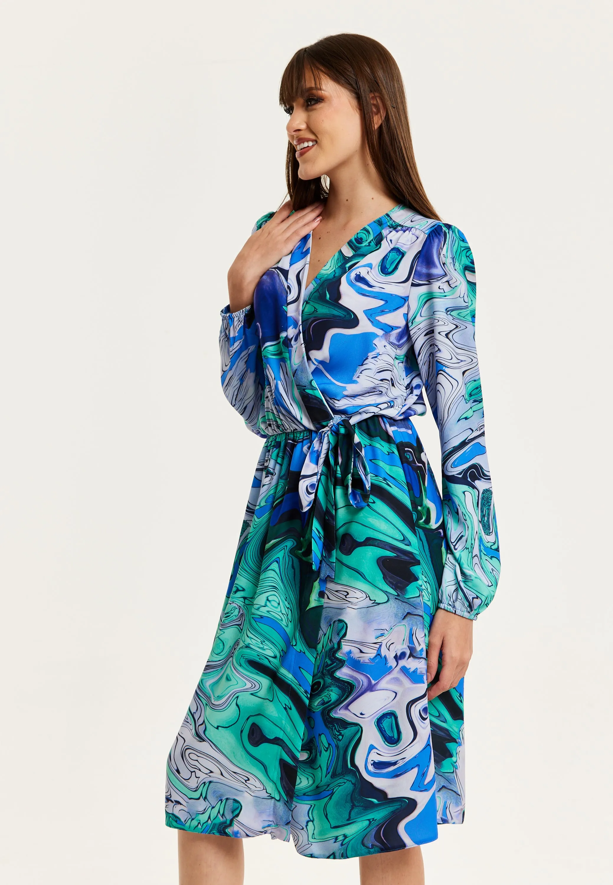Women's Midi Wrap Dress in Turquoise Marble Print with Long Sleeves - Elegant Design by Liquorish