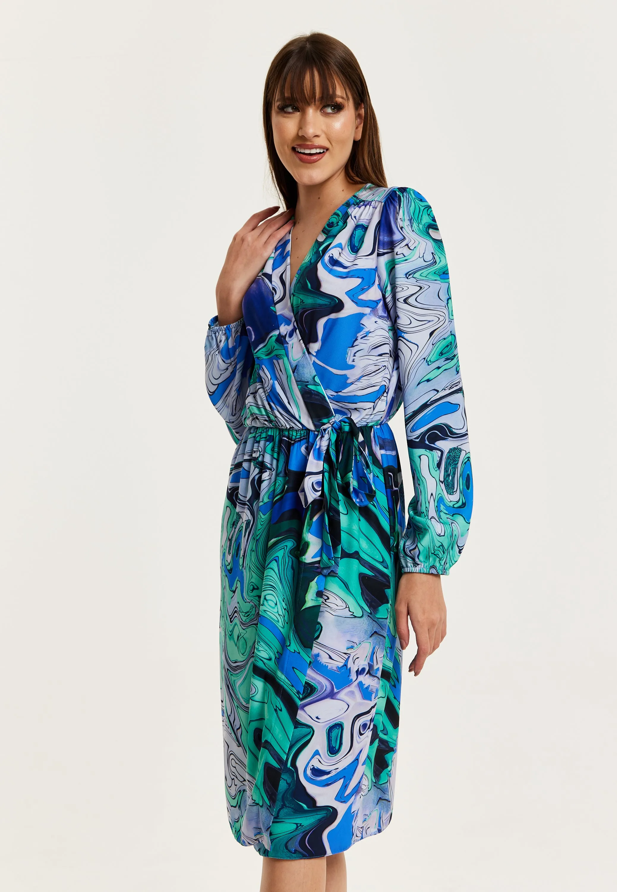Women's Midi Wrap Dress in Turquoise Marble Print with Long Sleeves - Elegant Design by Liquorish