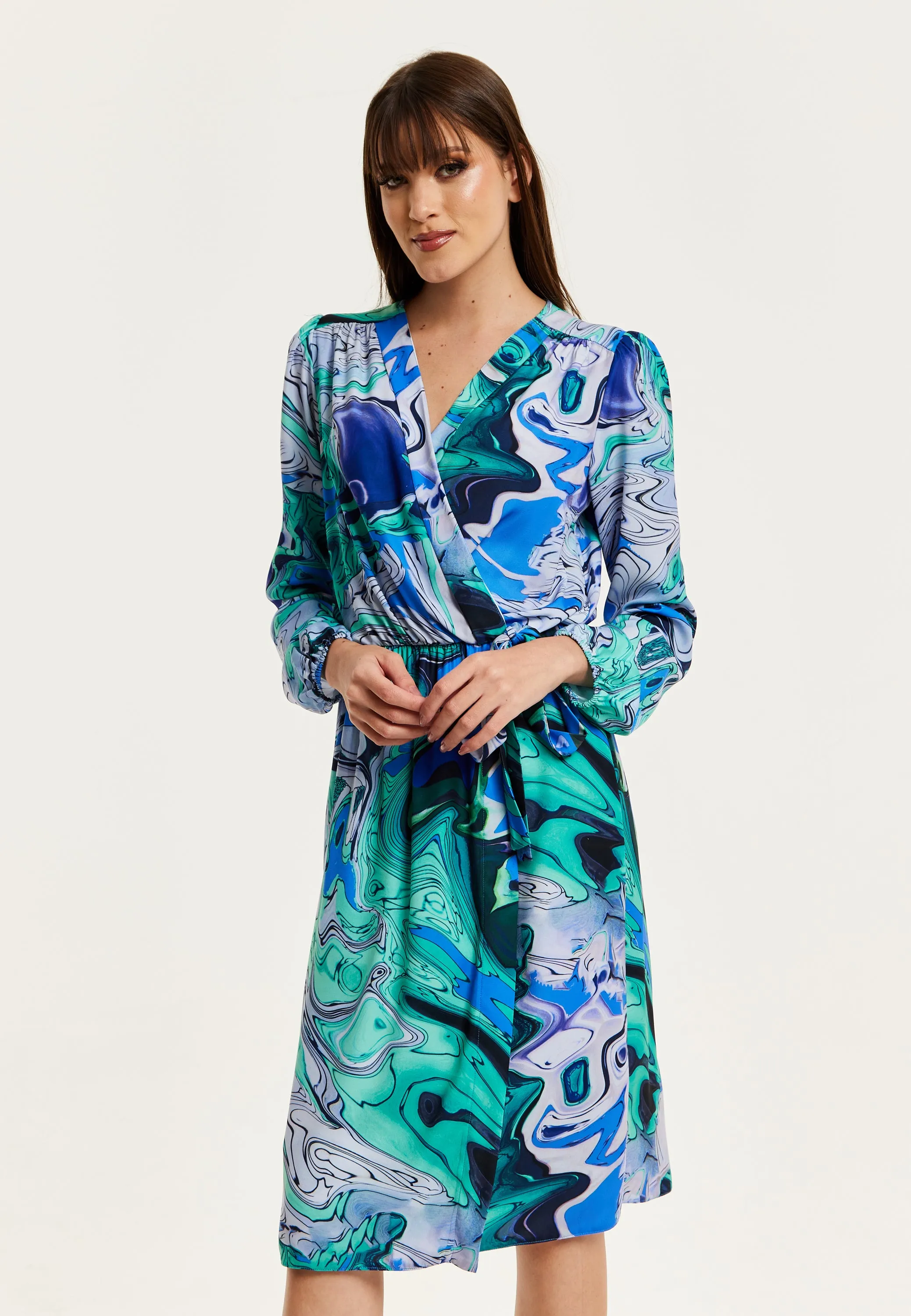 Women's Midi Wrap Dress in Turquoise Marble Print with Long Sleeves - Elegant Design by Liquorish
