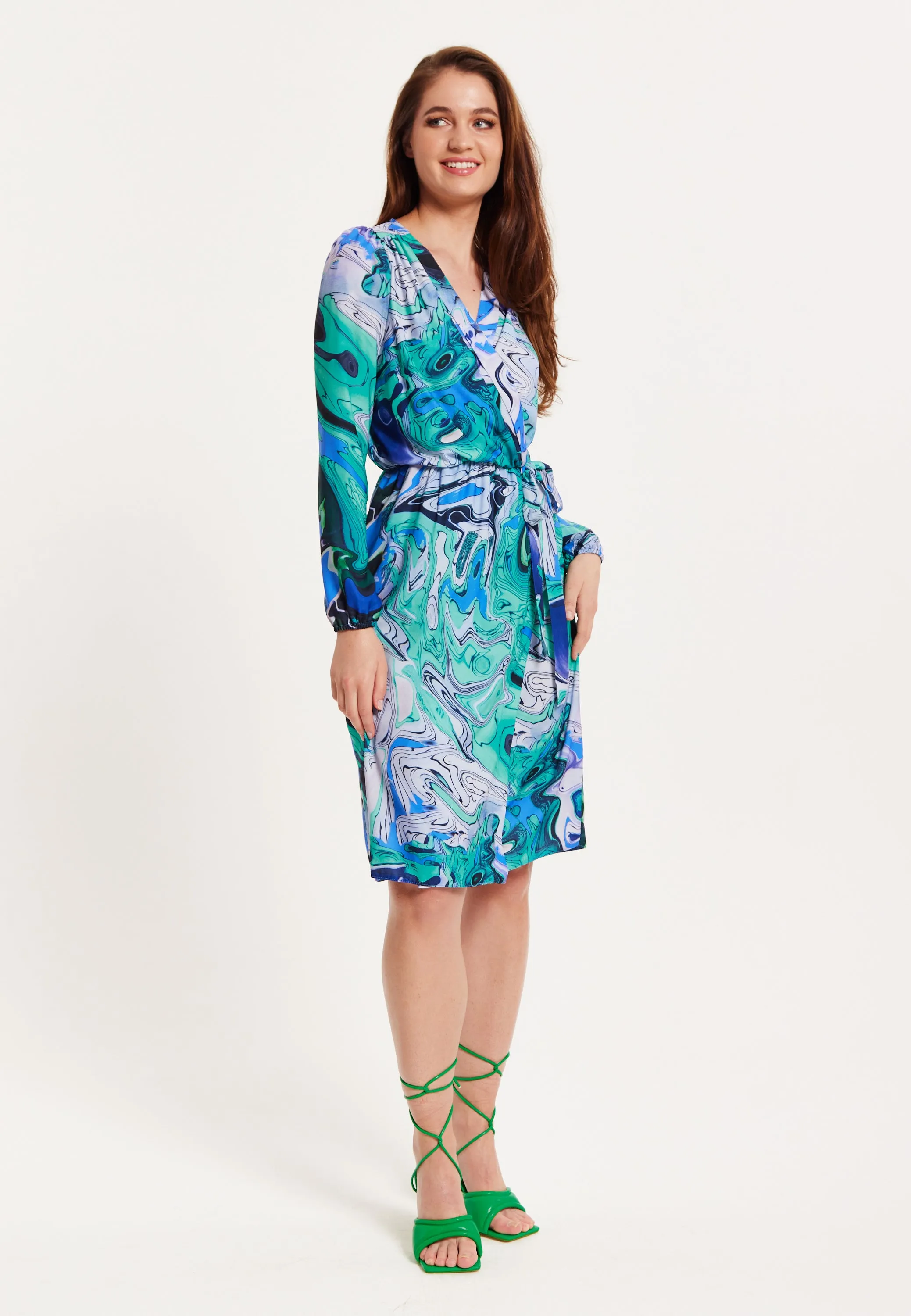 Women's Midi Wrap Dress in Turquoise Marble Print with Long Sleeves - Elegant Design by Liquorish