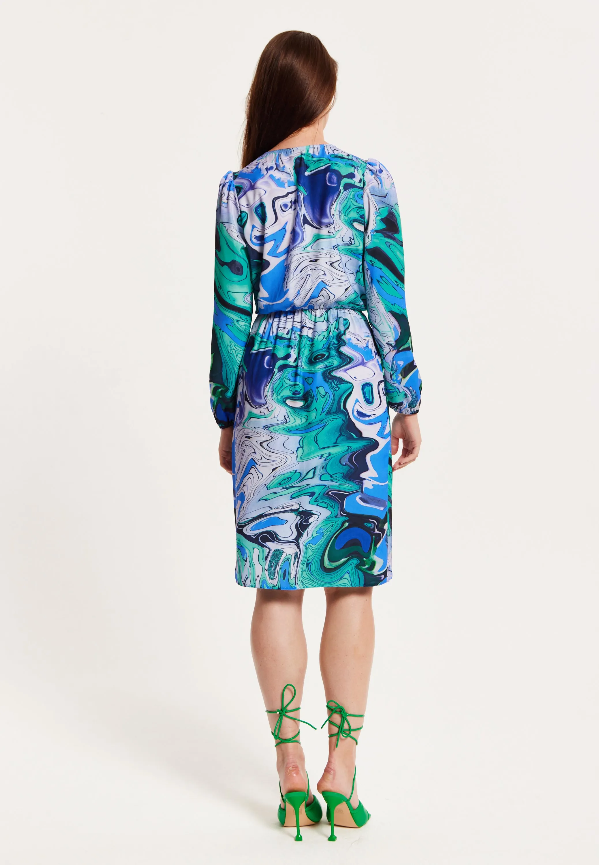 Women's Midi Wrap Dress in Turquoise Marble Print with Long Sleeves - Elegant Design by Liquorish