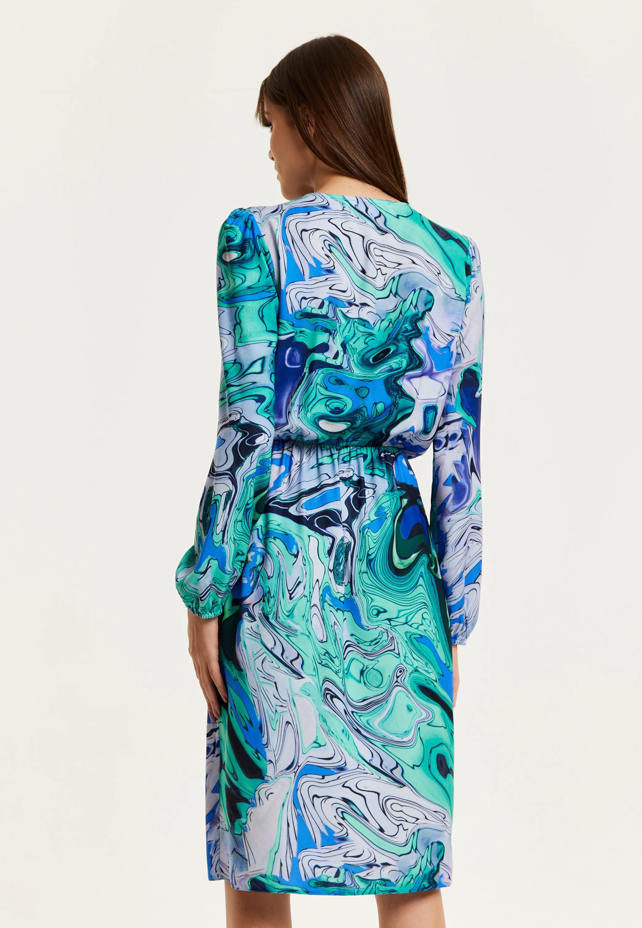 Women's Midi Wrap Dress in Turquoise Marble Print with Long Sleeves - Elegant Design by Liquorish