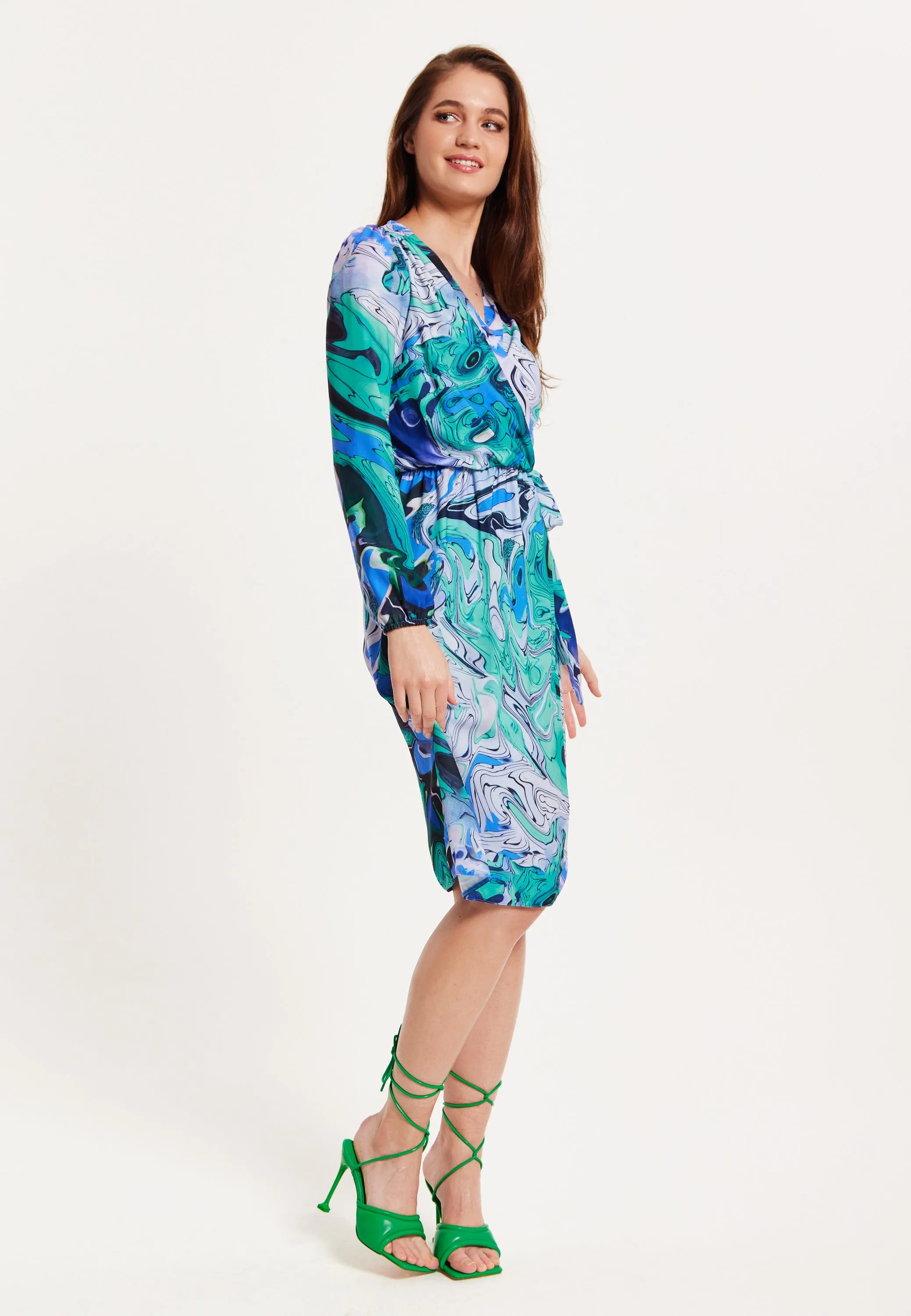 Women's Midi Wrap Dress in Turquoise Marble Print with Long Sleeves - Elegant Design by Liquorish