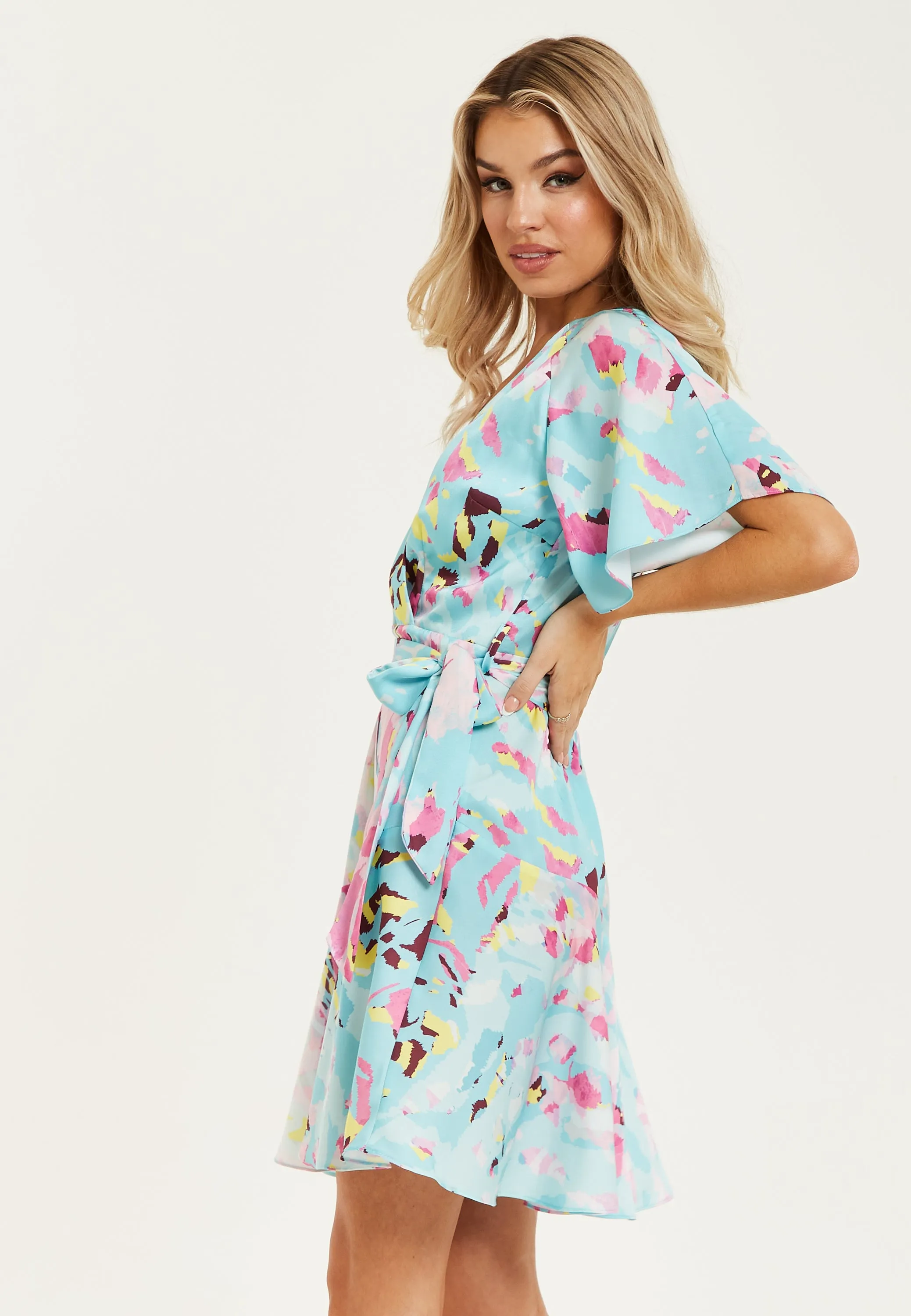 Women's Mini Dress in Blue with Short Sleeves, Abstract Print Wrap Style, Elegant Tie Waist - Liquorish