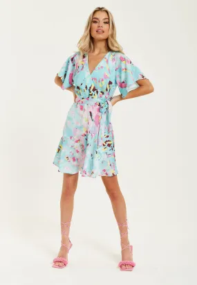 Women's Mini Dress in Blue with Short Sleeves, Abstract Print Wrap Style, Elegant Tie Waist - Liquorish