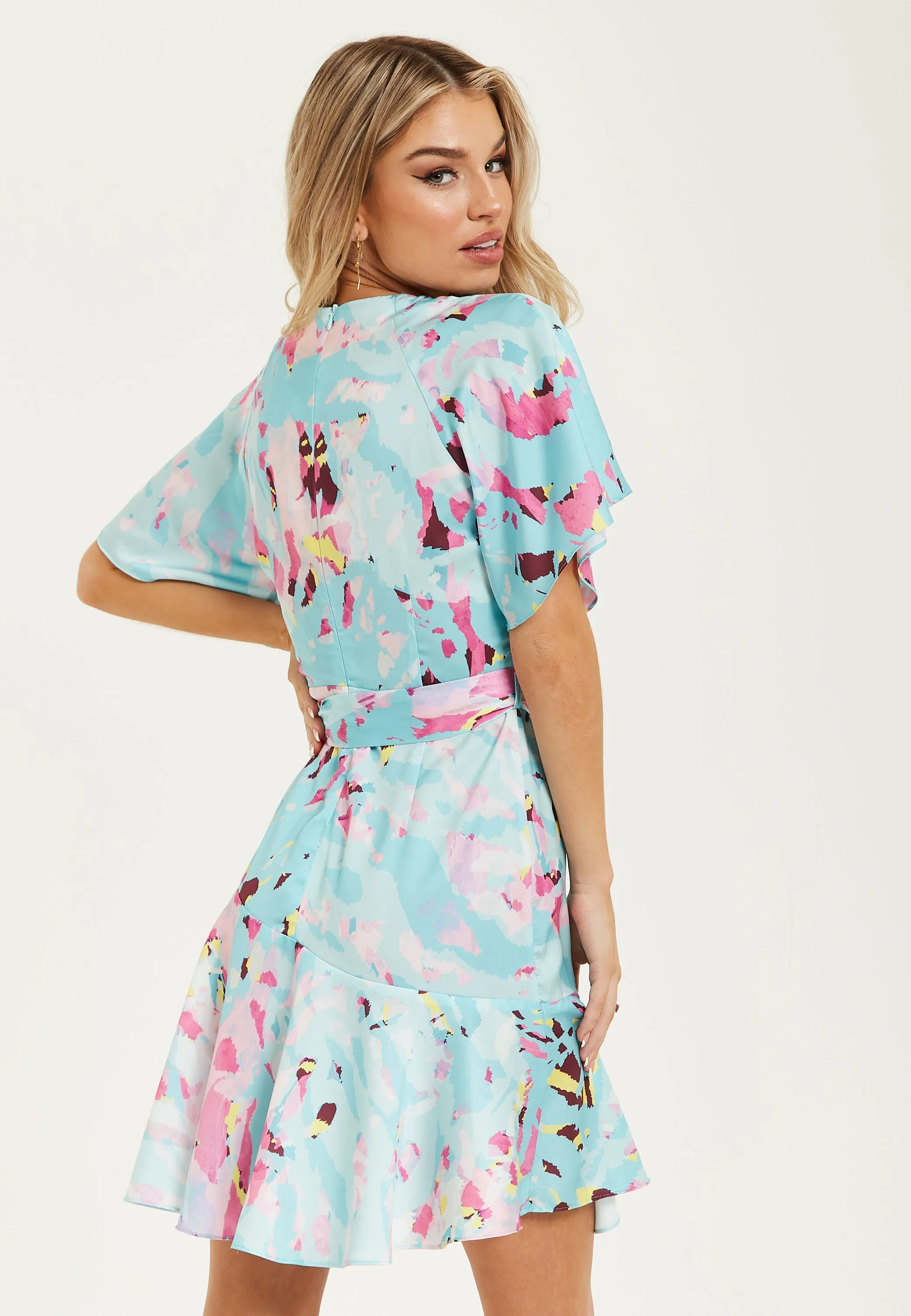 Women's Mini Dress in Blue with Short Sleeves, Abstract Print Wrap Style, Elegant Tie Waist - Liquorish