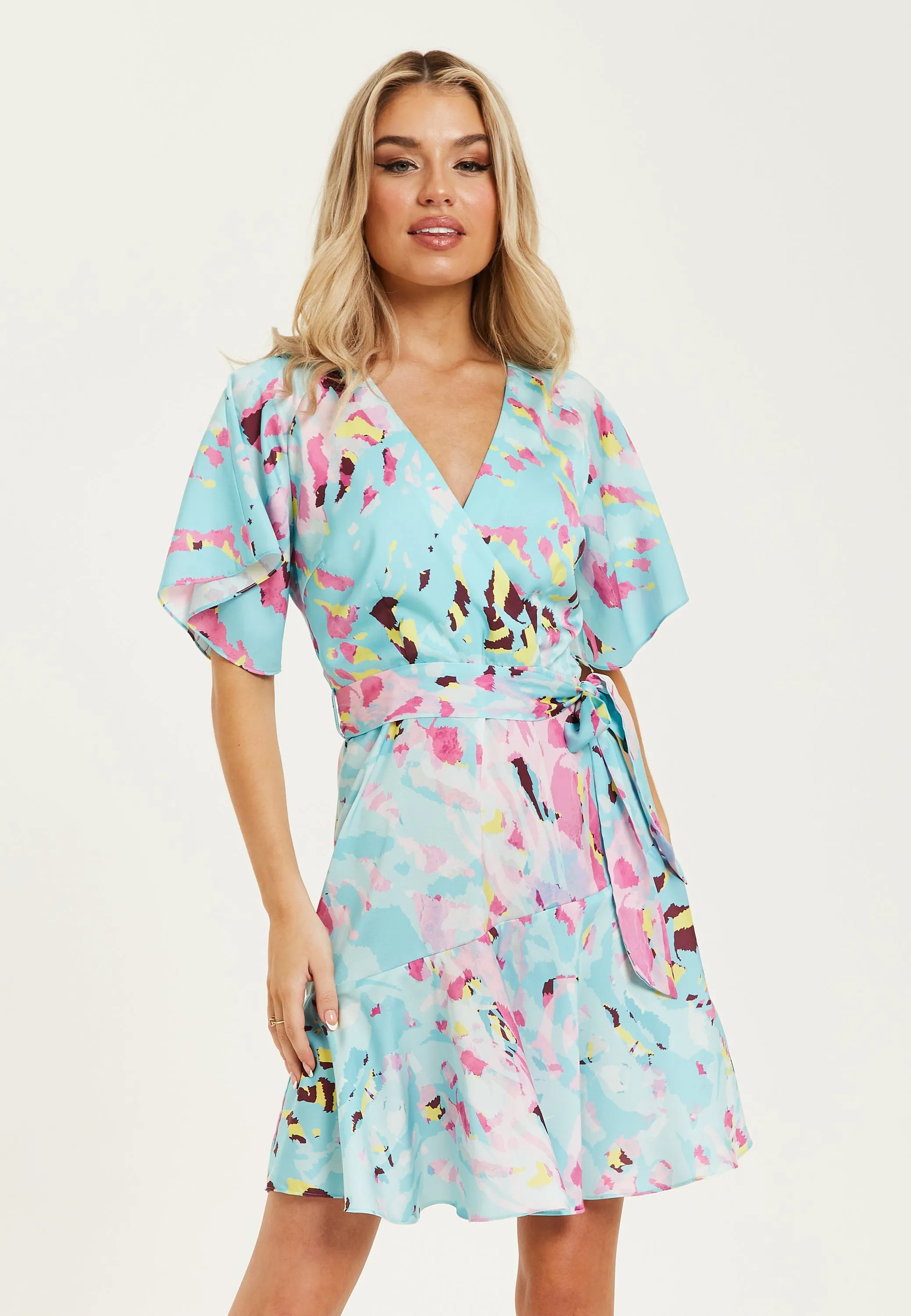 Women's Mini Dress in Blue with Short Sleeves, Abstract Print Wrap Style, Elegant Tie Waist - Liquorish