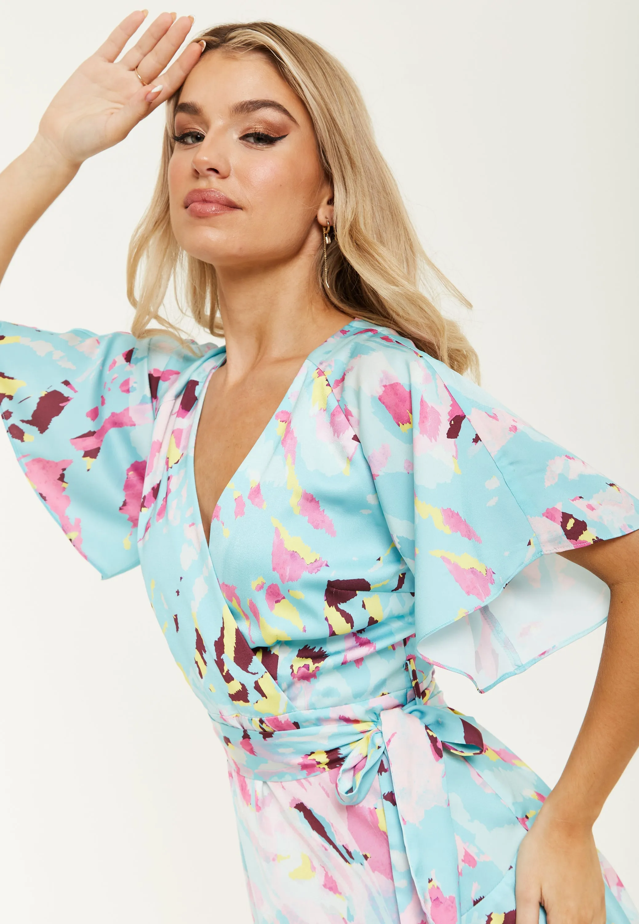 Women's Mini Dress in Blue with Short Sleeves, Abstract Print Wrap Style, Elegant Tie Waist - Liquorish