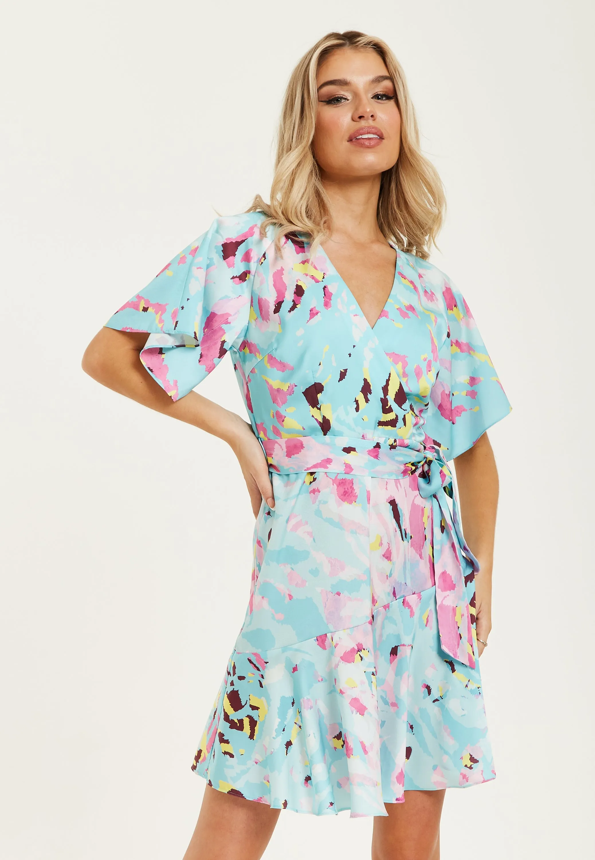 Women's Mini Dress in Blue with Short Sleeves, Abstract Print Wrap Style, Elegant Tie Waist - Liquorish